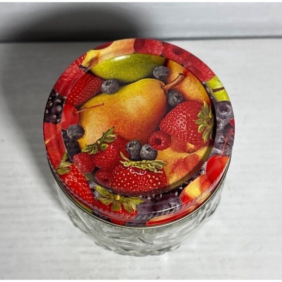 Small Glass Jar With Fruit Print Lid Embossed Fruit Design 3.5 Inches Tall  Jam - Picture 2 of 7